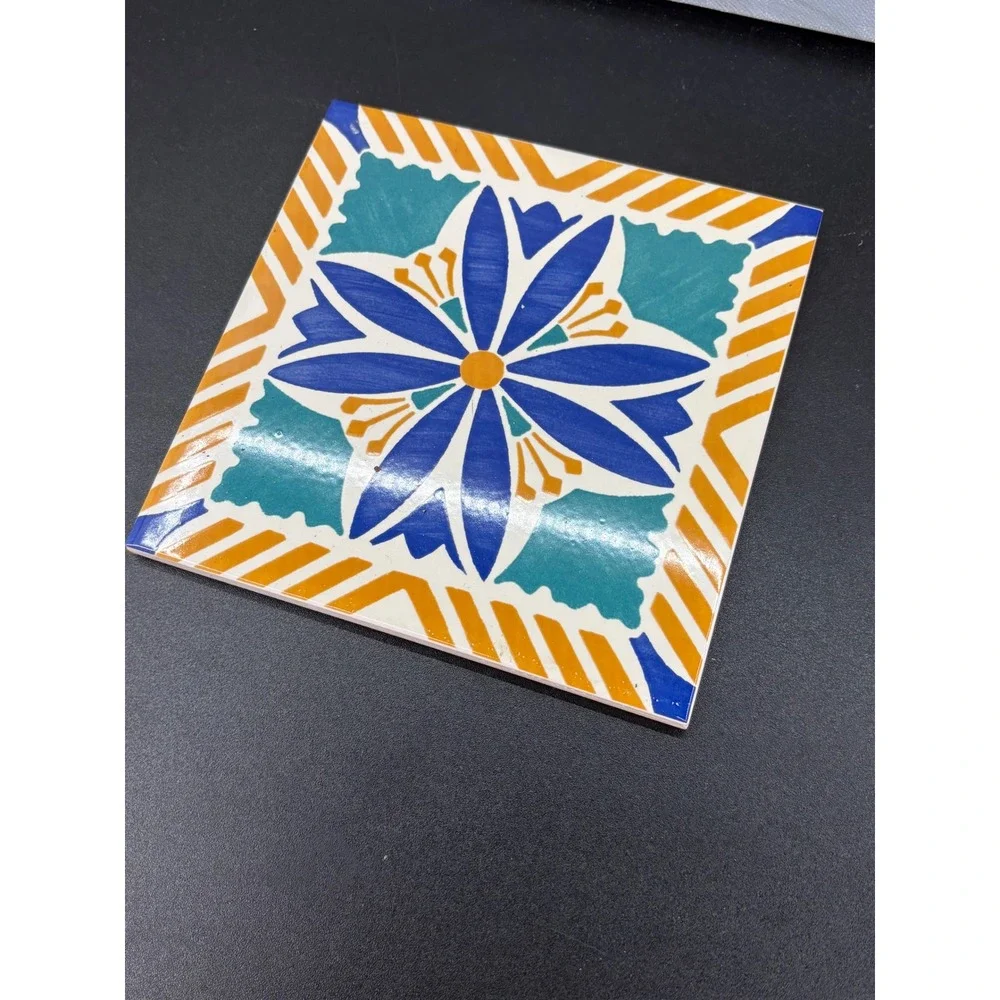 Nova Arte Ceramicas Portugal Decorative Wall Tile Floral Blue Orange 6x6